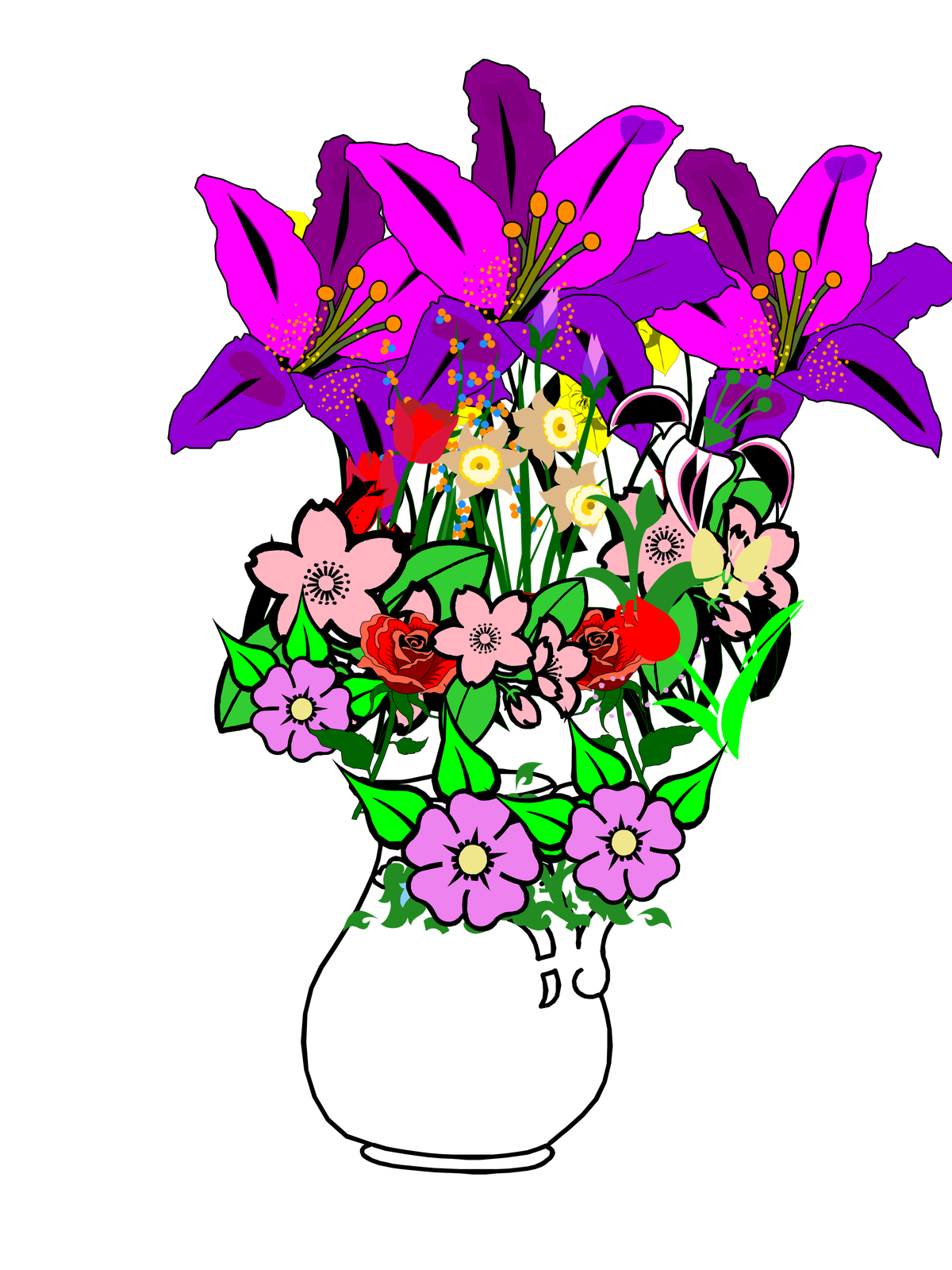 A still-life bouquet of flowers in a white pitcher, composed from eleven catalogued clip-art elements against a transparent field.